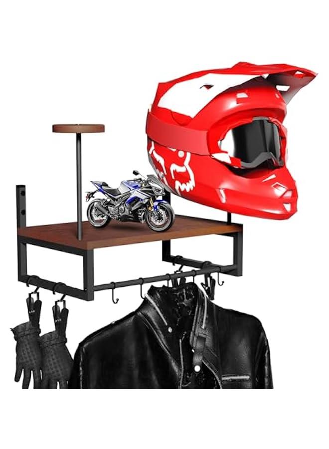 Arabest Helmet Holder Wall Mount, Retro Helmet Rack with Wooden Board, 2 Helmet Stands for Moto Gear Storage, Football Accessories Organizer, 4 Clips 5 Hooks for Hanging Gloves Keys, and Tactical Vests  - Image 1