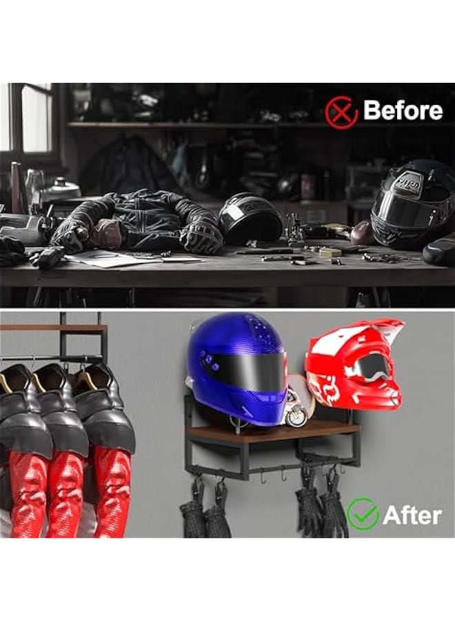 Arabest Helmet Holder Wall Mount, Retro Helmet Rack with Wooden Board, 2 Helmet Stands for Moto Gear Storage, Football Accessories Organizer, 4 Clips 5 Hooks for Hanging Gloves Keys, and Tactical Vests  - Image 2
