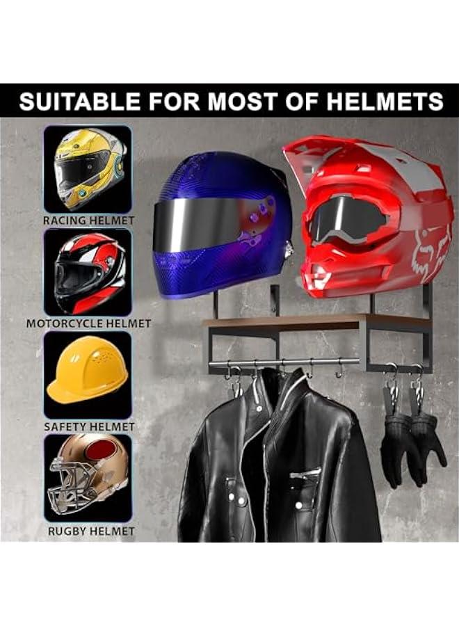 Arabest Helmet Holder Wall Mount, Retro Helmet Rack with Wooden Board, 2 Helmet Stands for Moto Gear Storage, Football Accessories Organizer, 4 Clips 5 Hooks for Hanging Gloves Keys, and Tactical Vests  - Image 3