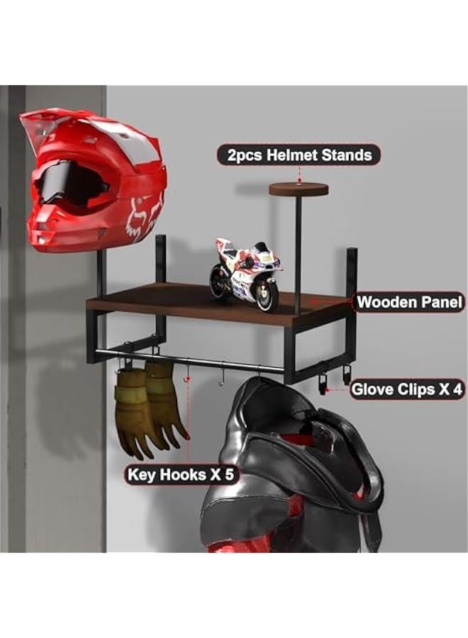 Arabest Helmet Holder Wall Mount, Retro Helmet Rack with Wooden Board, 2 Helmet Stands for Moto Gear Storage, Football Accessories Organizer, 4 Clips 5 Hooks for Hanging Gloves Keys, and Tactical Vests  - Image 4