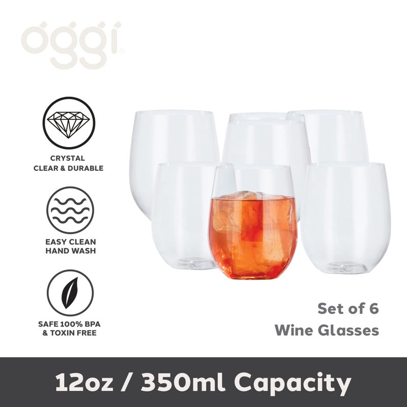 Oggi Unbreakable Wine Glasses, Set 6 - Elegant Reusable Plastic Wine Cups, Stemless Wine Glass Tumbler Design, Shatterproof Plastic, Ideal for Indoor and Outdoor Use, Recyclable - 12oz / 350ml - Image 2