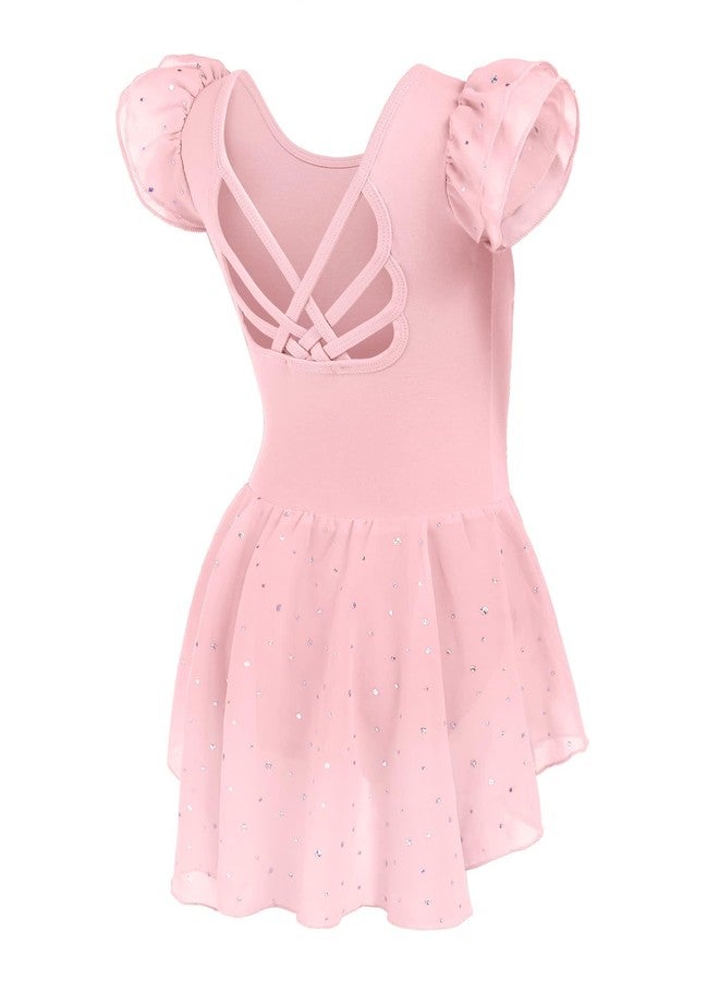 Arshiner Girls Shiny Ruffle Sleeve Ballet Leotard with Skirt Criss-Cross Back Dance Dresses, Ballet Pink, 8-9 Years - Image 2