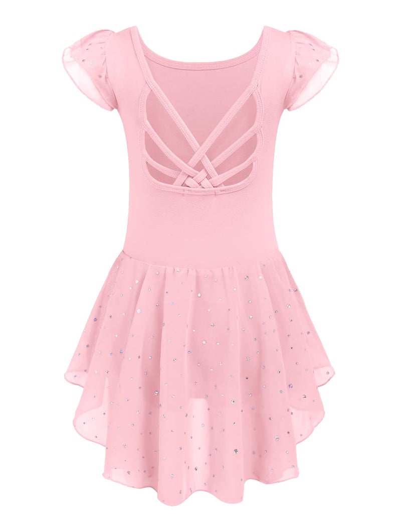 Arshiner Girls Shiny Ruffle Sleeve Ballet Leotard with Skirt Criss-Cross Back Dance Dresses, Ballet Pink, 8-9 Years - Image 1