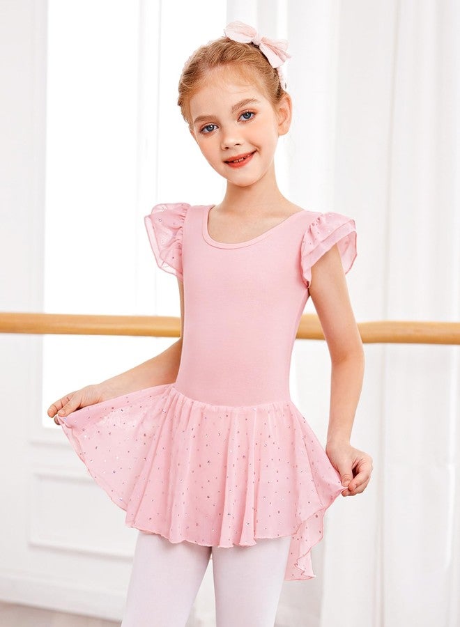 Arshiner Girls Shiny Ruffle Sleeve Ballet Leotard with Skirt Criss-Cross Back Dance Dresses, Ballet Pink, 8-9 Years - Image 3