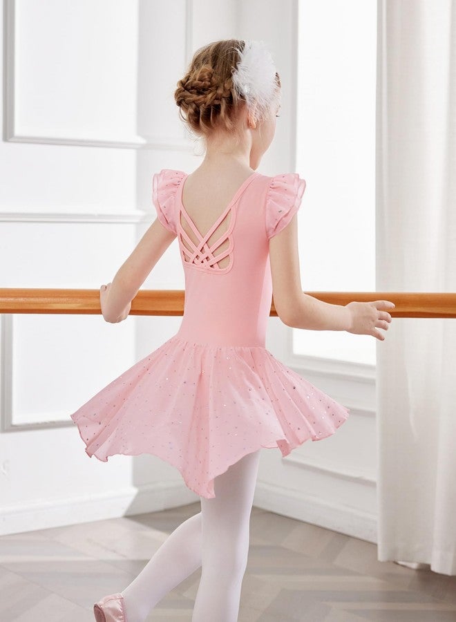 Arshiner Girls Shiny Ruffle Sleeve Ballet Leotard with Skirt Criss-Cross Back Dance Dresses, Ballet Pink, 8-9 Years - Image 5