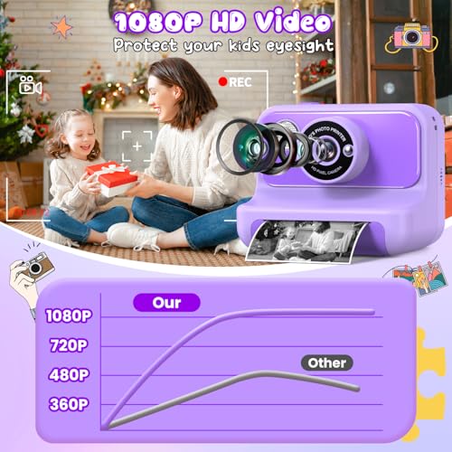 Gofunly Kids Camera Instant Print, Christmas Birthday Gifts for Girls and Boys, 1080P HD Video Digital Kids Camera with 32G Card, Toddler Camera for 3-12 Years Old, Purple - Image 3