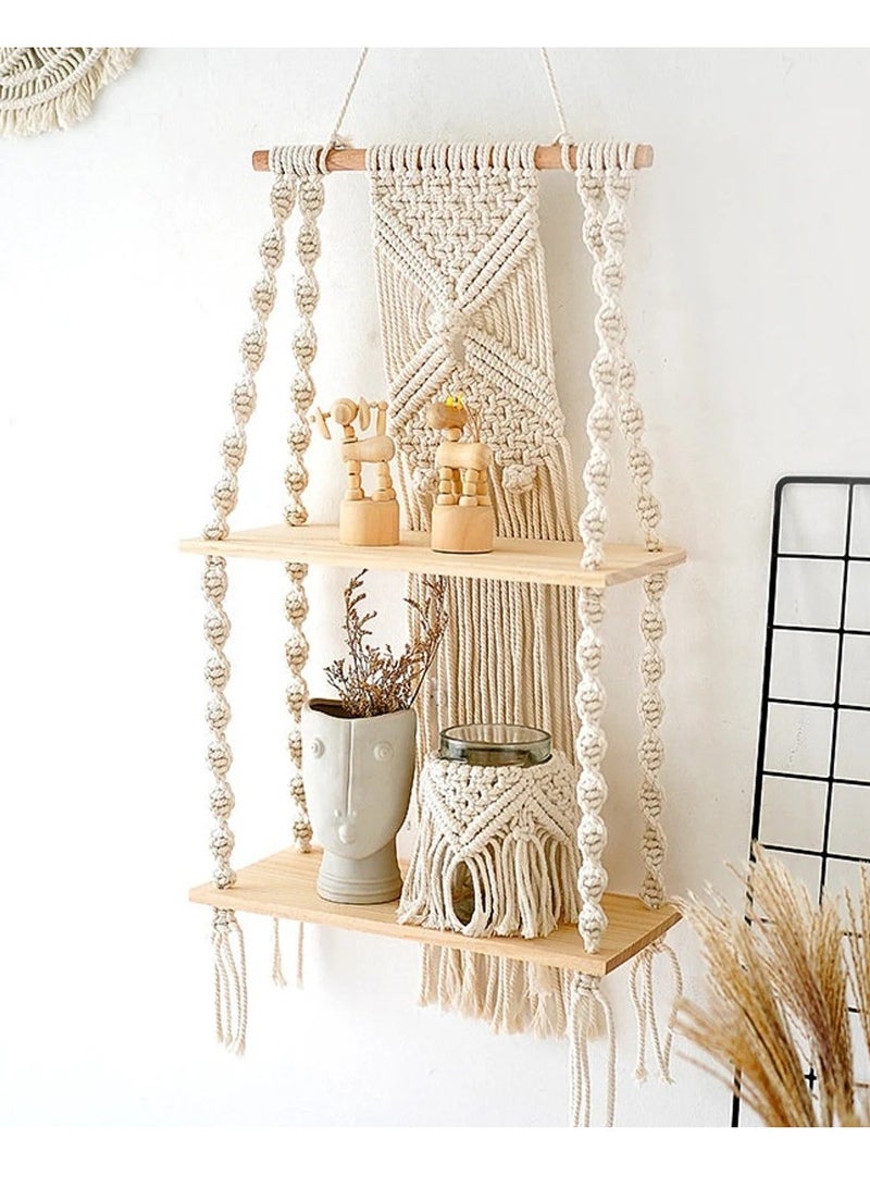 XiuWoo 2-Tier Handmade Bohemian Shelves Hanging Wooden Indoor Wall Hanging Shelf, Home Storage Shelves, Wall Art Decor, Bathroom Shelf, Home Display Rack for Home Decoration  - Image 1