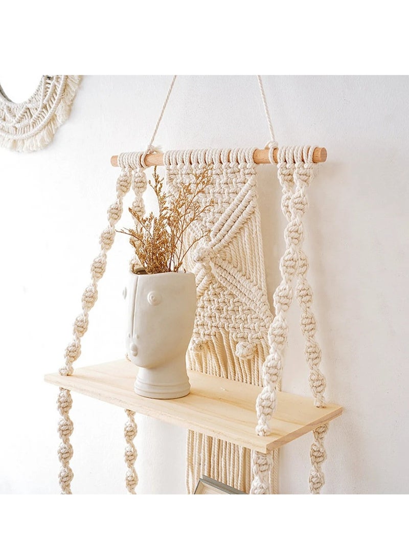 XiuWoo 2-Tier Handmade Bohemian Shelves Hanging Wooden Indoor Wall Hanging Shelf, Home Storage Shelves, Wall Art Decor, Bathroom Shelf, Home Display Rack for Home Decoration  - Image 2