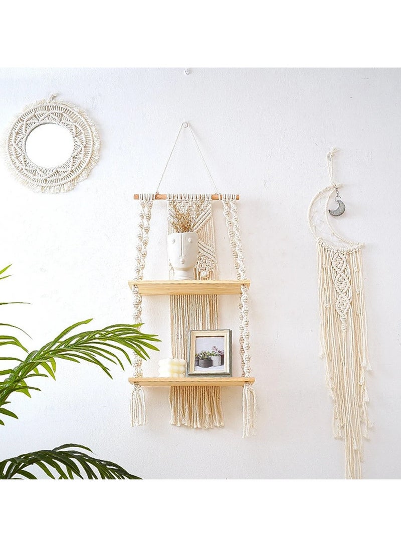 XiuWoo 2-Tier Handmade Bohemian Shelves Hanging Wooden Indoor Wall Hanging Shelf, Home Storage Shelves, Wall Art Decor, Bathroom Shelf, Home Display Rack for Home Decoration  - Image 3