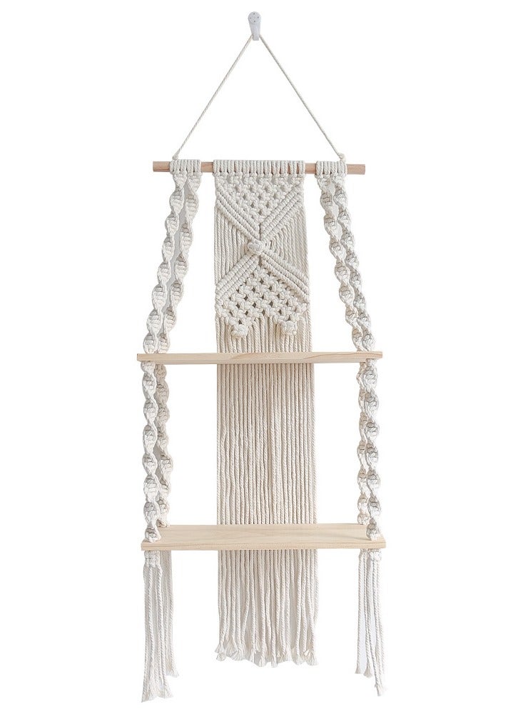 XiuWoo 2-Tier Handmade Bohemian Shelves Hanging Wooden Indoor Wall Hanging Shelf, Home Storage Shelves, Wall Art Decor, Bathroom Shelf, Home Display Rack for Home Decoration  - Image 4