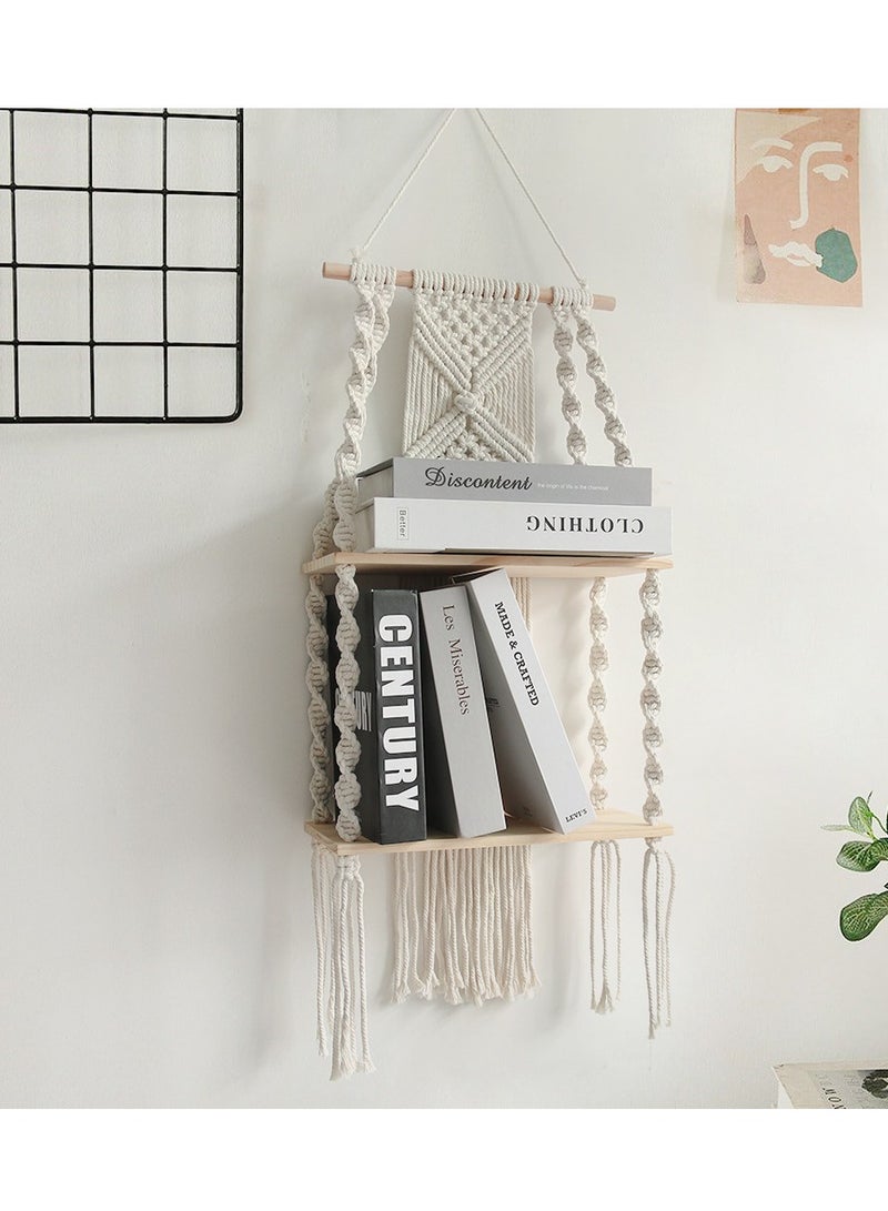 XiuWoo 2-Tier Handmade Bohemian Shelves Hanging Wooden Indoor Wall Hanging Shelf, Home Storage Shelves, Wall Art Decor, Bathroom Shelf, Home Display Rack for Home Decoration  - Image 5