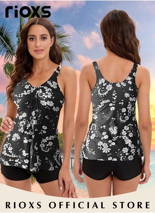 RIOXS - Womens Tankini Swimsuits Two Piece Tummy Control Bathing Suits Ruffle Swim Tank Top with Shorts Swimwear - Image 1
