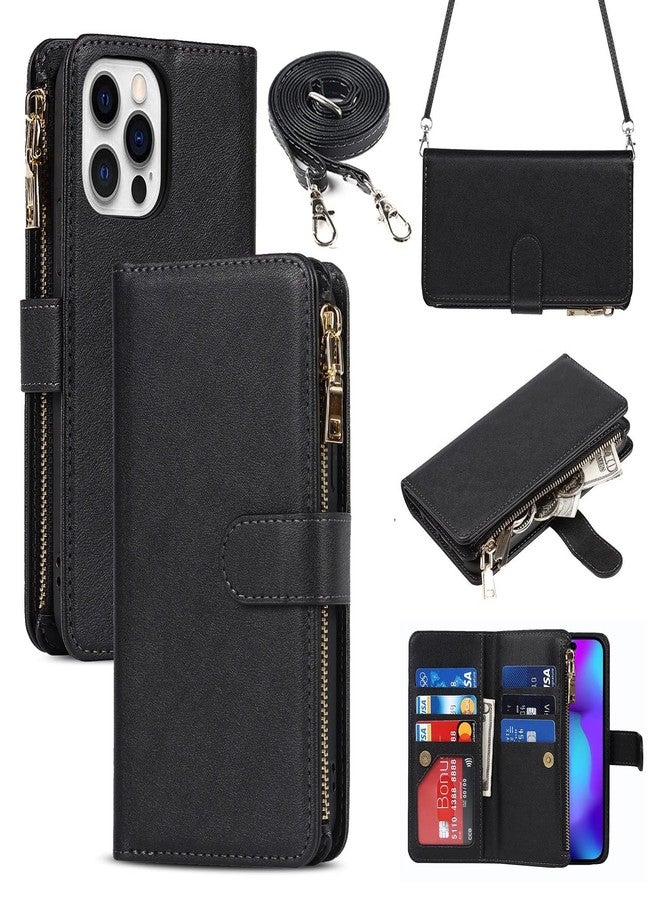 iCoverCase Compatible with iPhone 14 Pro Crossbody Case with Strap for Women, Wallet Phone Case with Card Holder, Zipper Purse PU Leather Flip Cover Case 6.1 Inch (Black) - Image 1
