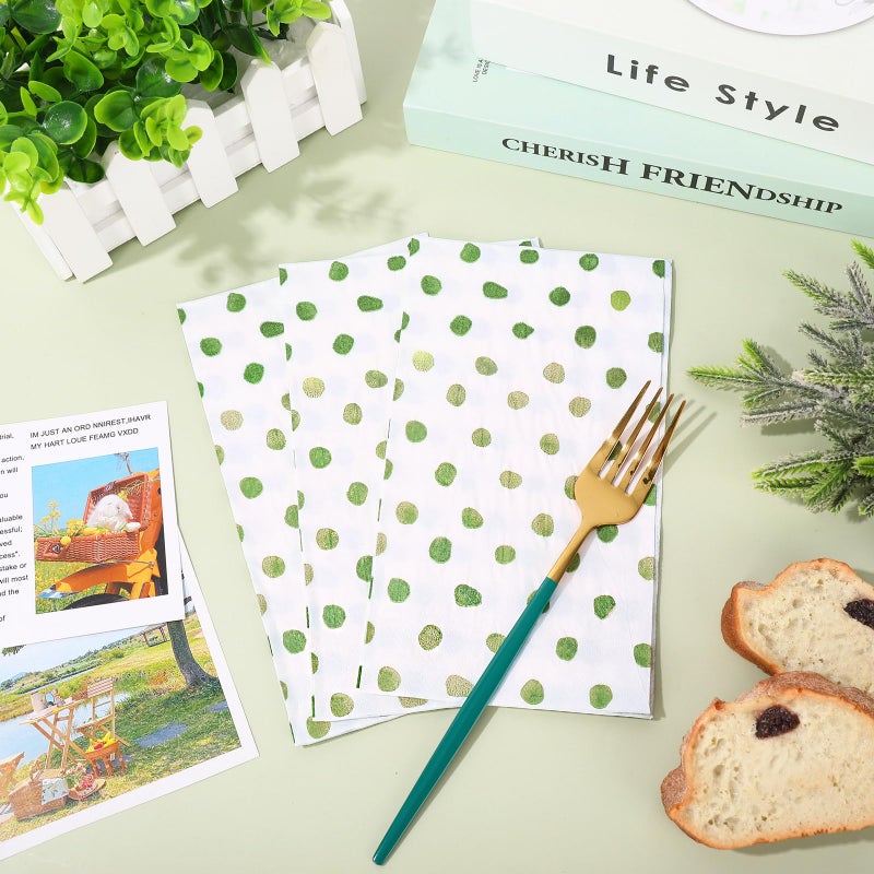 Whaline مناديل ضيوف ورقية بنقاط بولكا من وايلين باللون الأبيض والأخضر المريمي 3 طبقات مناديل قابلة للتصرف مناديل يد لتناول العشاء لوازم حفلات الزفاف ديكور الطاولة 80 قطعة - Image 3