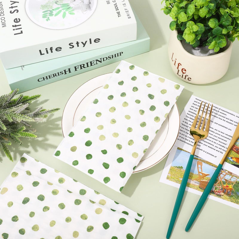 Whaline مناديل ضيوف ورقية بنقاط بولكا من وايلين باللون الأبيض والأخضر المريمي 3 طبقات مناديل قابلة للتصرف مناديل يد لتناول العشاء لوازم حفلات الزفاف ديكور الطاولة 80 قطعة - Image 4