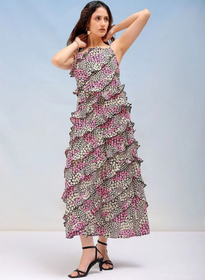 Freehand  Women Fit and Flared Ditsy Printed Square Neck Sleeveless Maxi Dress for Women | Best Price UAE