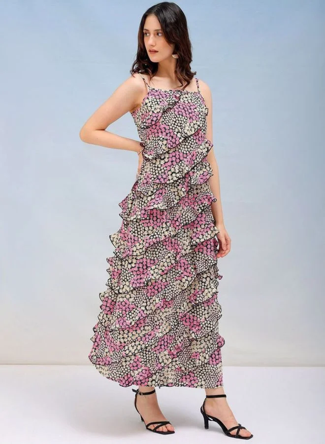 Freehand  Women Fit and Flared Ditsy Printed Square Neck Sleeveless Maxi Dress for Women | Best Price UAE