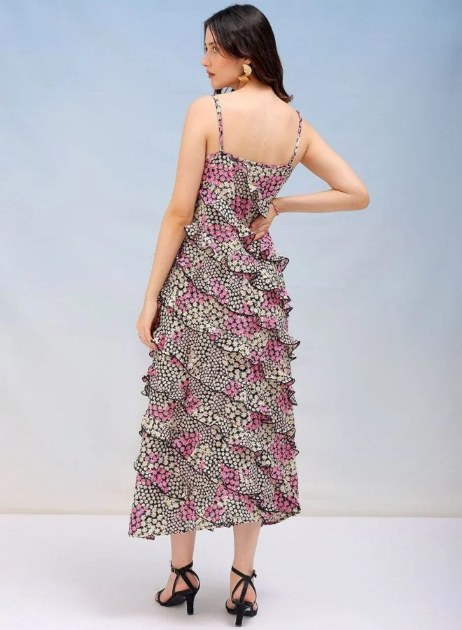 Freehand  Women Fit and Flared Ditsy Printed Square Neck Sleeveless Maxi Dress for Women | Best Price UAE