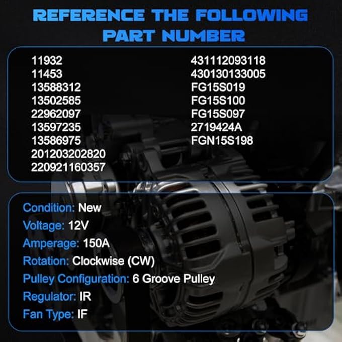 YOMALL Alternator 11932 for 2010-2016 LaCrosse 3.6L for 2010-2011 SRX 3.0L for 2012-2020 Impala 3.6L for 2010-2012 Terrain & Equinox 3.0L V6 Replacement Alternator 150A 6PK 13588312 FG15S019 - Image 3