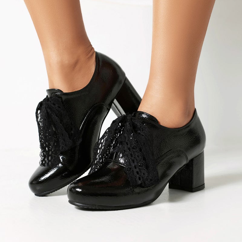 Supply High Heel Paint 40-48 Round Head Thick Heel Lace-Up Korean Ribbon Work Shoes - Image 4