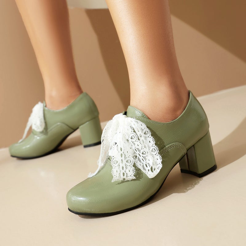 Supply High Heel Paint 40-48 Round Head Thick Heel Lace-Up Korean Ribbon Work Shoes - Image 3