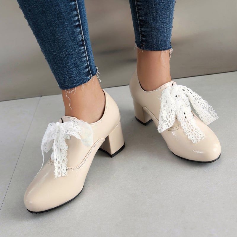 Supply High Heel Paint 40-48 Round Head Thick Heel Lace-Up Korean Ribbon Work Shoes - Image 5