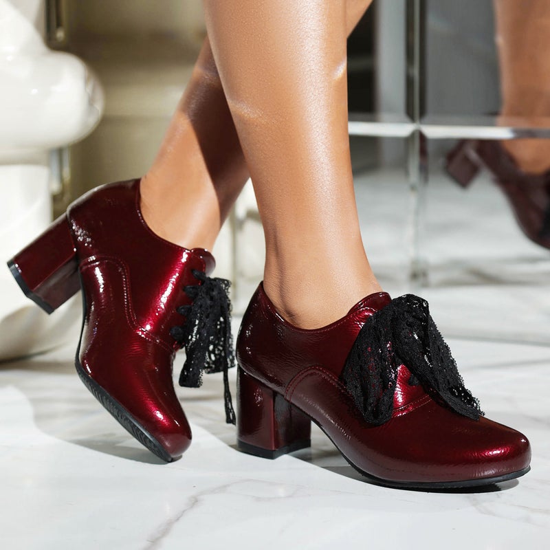 Supply High Heel Paint 40-48 Round Head Thick Heel Lace-Up Korean Ribbon Work Shoes - Image 2