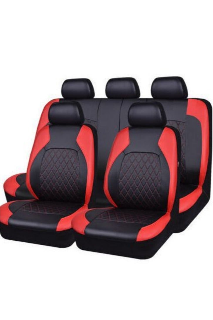 KYD 9 Pieces Universal Car Seat Covers Set, Black & Red PU Leather Auto Seat Protectors Full Set for Most Vehicle - Image 1