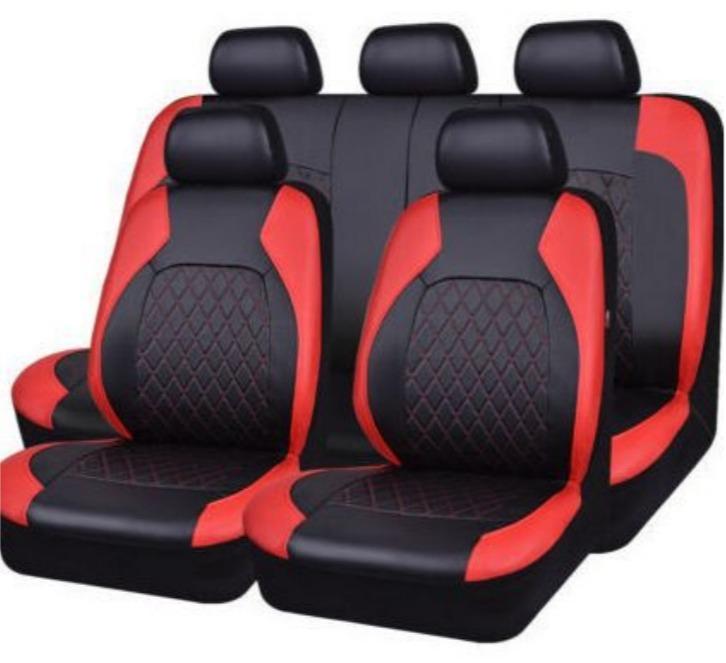 KYD 9 Pieces Universal Car Seat Covers Set, Black & Red PU Leather Auto Seat Protectors Full Set for Most Vehicle - Image 1