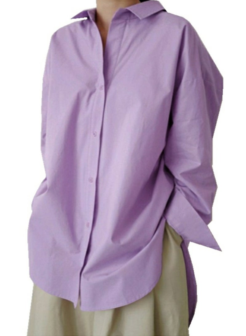 Loquat Women's Solid Color Lapel Shirts Stylish Casual Long Sleeve Button Blouses Tops Purple 