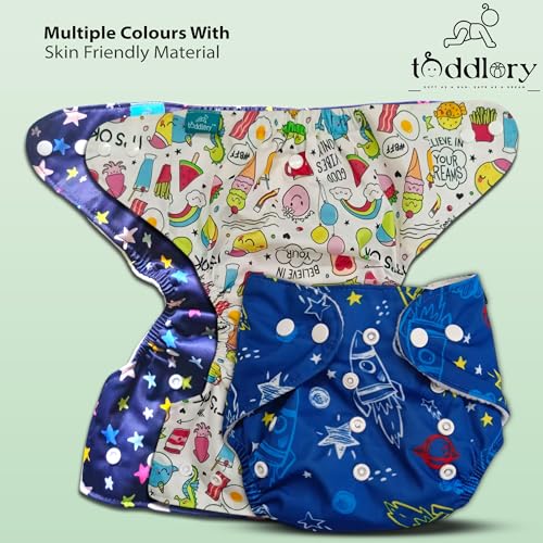 Toddlory Premium Reusable Cloth Diapers with inserts (Soakers) | Up to 5 hours of trusted leak protection with advanced 4-layer technology — designed to keep your baby’s skin healthy and happy | Unisex designs, Suitable for all babies from 0 to 3 years or 2.5 to 15 kgs | Rash-Free Softness | Grow-With-Me Fit | All day Comfort for the Little Explorers | Pack of 3 (3 diapers & 3 inserts) | Combo Style:Little stars + Good Dreams + Blue Space, 0 to 3 years - Image 2
