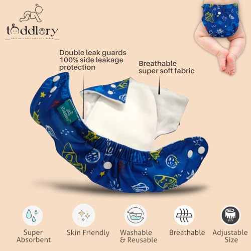 Toddlory Premium Reusable Cloth Diapers with inserts (Soakers) | Up to 5 hours of trusted leak protection with advanced 4-layer technology — designed to keep your baby’s skin healthy and happy | Unisex designs, Suitable for all babies from 0 to 3 years or 2.5 to 15 kgs | Rash-Free Softness | Grow-With-Me Fit | All day Comfort for the Little Explorers | Pack of 3 (3 diapers & 3 inserts) | Combo Style:Little stars + Good Dreams + Blue Space, 0 to 3 years - Image 5