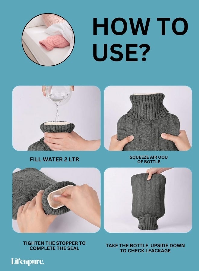Lifenpure™ Hot Water Bottle with Knitted Cover 2 Liter, Classic Rubber Hot Water Bag for Cramps, Neck, Shoulders Pain Relief, Hot Cold Pack for Hot and Cold Therapy and Feet Warmer - Image 4