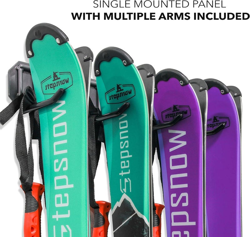 RaxGo Store Ski Storage Rack, Wall Mounted, Holds 4 Pairs of Skis & Skiing Poles or Snowboard for Home and Garage Storage, Heavy Duty and Rubber-Coated Hooks - Image 2