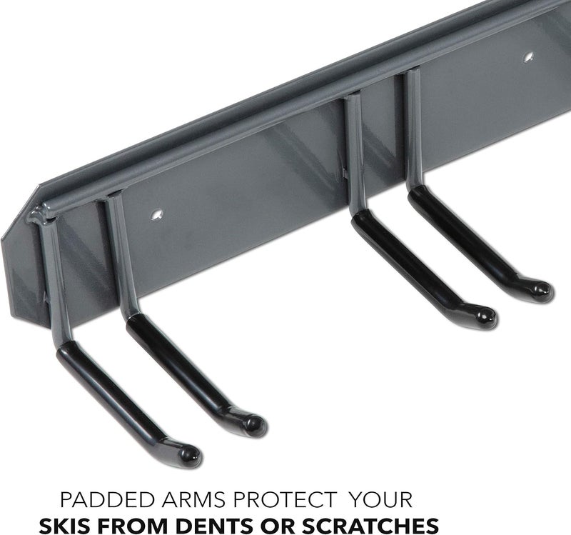 RaxGo Store Ski Storage Rack, Wall Mounted, Holds 4 Pairs of Skis & Skiing Poles or Snowboard for Home and Garage Storage, Heavy Duty and Rubber-Coated Hooks - Image 3