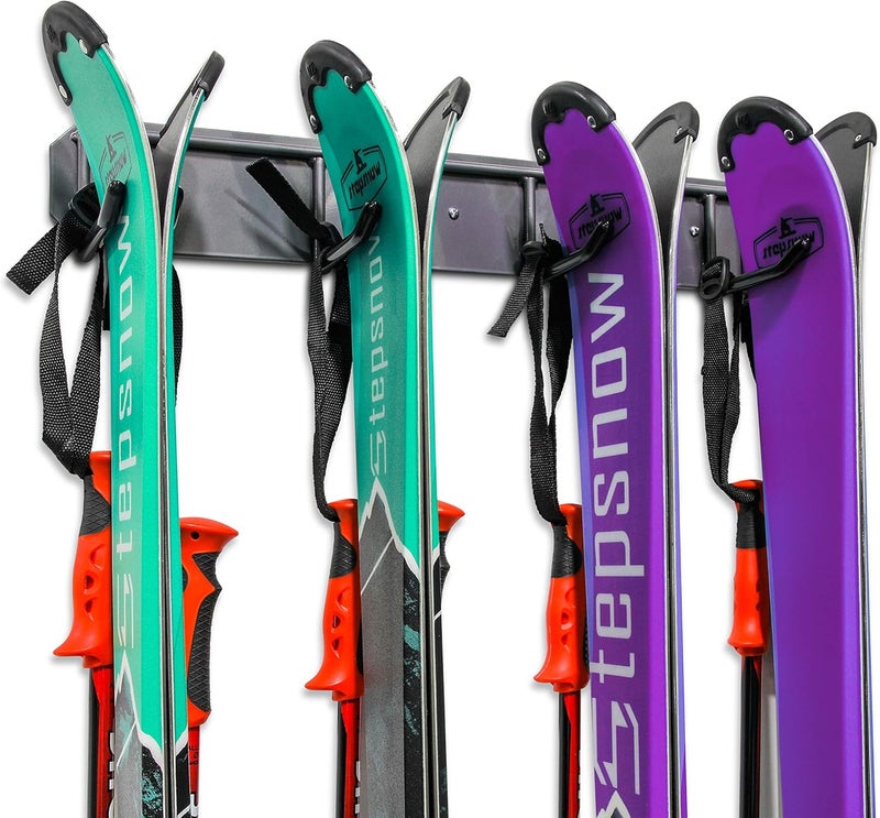 RaxGo Store Ski Storage Rack, Wall Mounted, Holds 4 Pairs of Skis & Skiing Poles or Snowboard for Home and Garage Storage, Heavy Duty and Rubber-Coated Hooks - Image 1