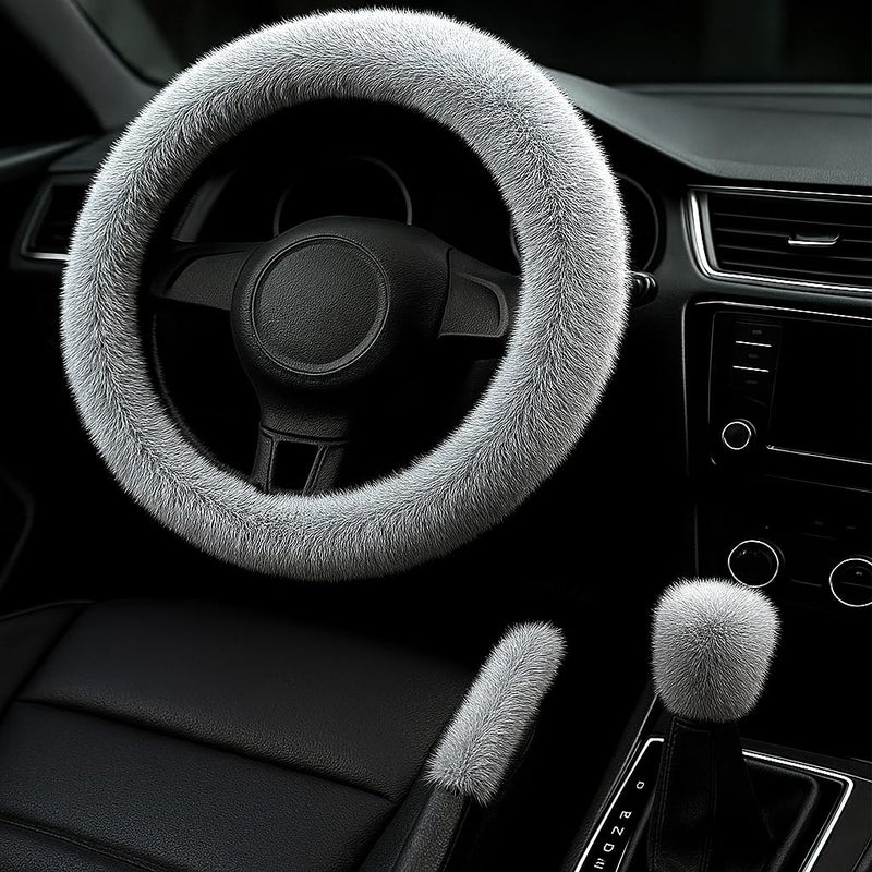 I3DIDEA Fluffy Steering Wheel Cover 3PCS Set Plush Fuzzy Fur Steering Wheel Cover with Gear Shift Cover Handbrake Cover Winter Warm Car Accessories Car Interior Accessories for Women Gray - Image 3