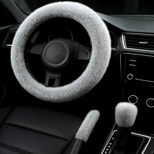 I3DIDEA Fluffy Steering Wheel Cover 3PCS Set Plush Fuzzy Fur Steering Wheel Cover with Gear Shift Cover Handbrake Cover Winter Warm Car Accessories Car Interior Accessories for Women Gray - Image 1