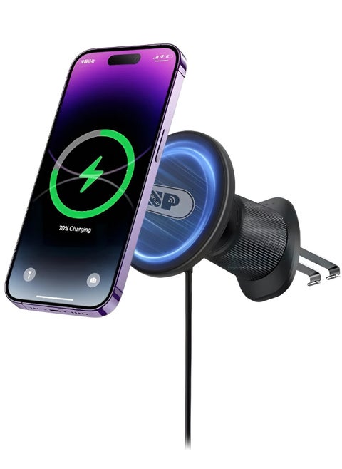 A mobile phone holder for the car that supports wireless charging with MagSafe technology with a power of 15 watts. It is installed in the air conditioner vent. A strong and stable magnetic