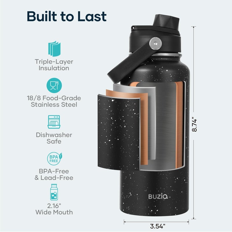 BUZIO 32 oz Water Bottle Insulated, Leakproof Stainless Steel Flask (Cold for 48 Hrs), Wide Mouth BPA-Free Metal Thermo Hydro Canteen with 2 Lids, Starry Day & Night - Image 4