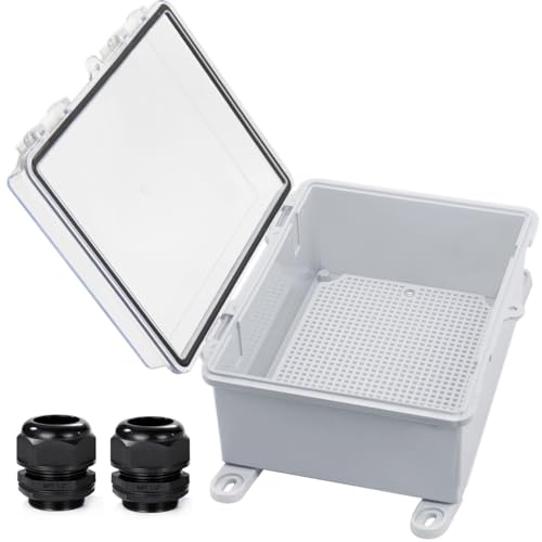YETLEBOX Waterproof Outdoor Electrical Box Junction Box Weatherproof IP67 ABS Plastic Enclosure Switch Router Project Box with Mounting Plate with Wall Bracket 2 Cable Glands Clear 8.7"x6.7"x4.3" - Image 1