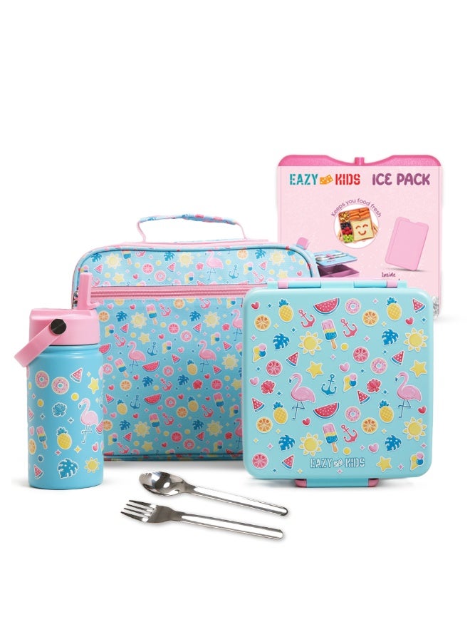 Eazy Kids Jumbo Bento Lunch Box w/ 360ml Steel Water Bottle, Spoon & Fork Set, and Insulated Lunch Bag - Flamingo Pink - Image 1