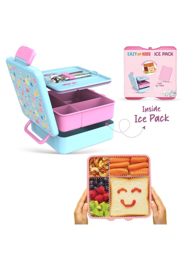 Eazy Kids Jumbo Bento Lunch Box w/ 360ml Steel Water Bottle, Spoon & Fork Set, and Insulated Lunch Bag - Flamingo Pink - Image 2