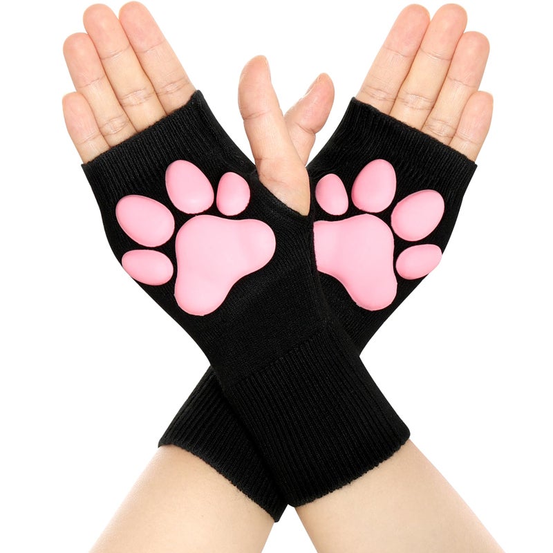 Nydotd Cat Paw Pad Mittens Gloves Kawaii Pink 3D Claw Fingerless Cute Cat Cosplay Gloves Sleeve for Girls Party, Black Short, Short - Image 1