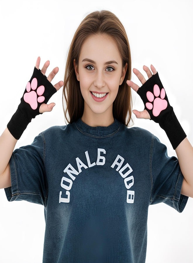 Nydotd Cat Paw Pad Mittens Gloves Kawaii Pink 3D Claw Fingerless Cute Cat Cosplay Gloves Sleeve for Girls Party, Black Short, Short - Image 4