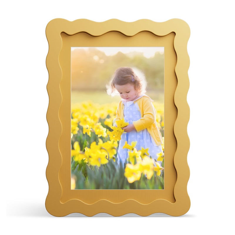 THKRLOF 5x7 Picture Frame with Mat for 4x6, Wavy Edge Wooden Real Glass Photo Frame for Tabletop and Wall Hanging, Yellow, 1 Pack - Image 1