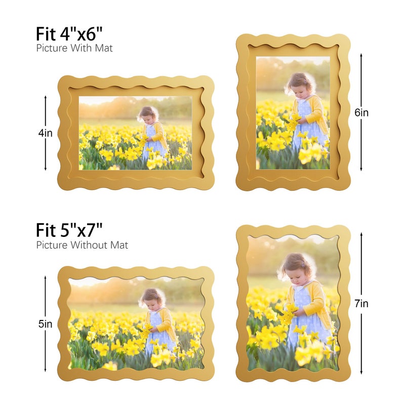 THKRLOF 5x7 Picture Frame with Mat for 4x6, Wavy Edge Wooden Real Glass Photo Frame for Tabletop and Wall Hanging, Yellow, 1 Pack - Image 4