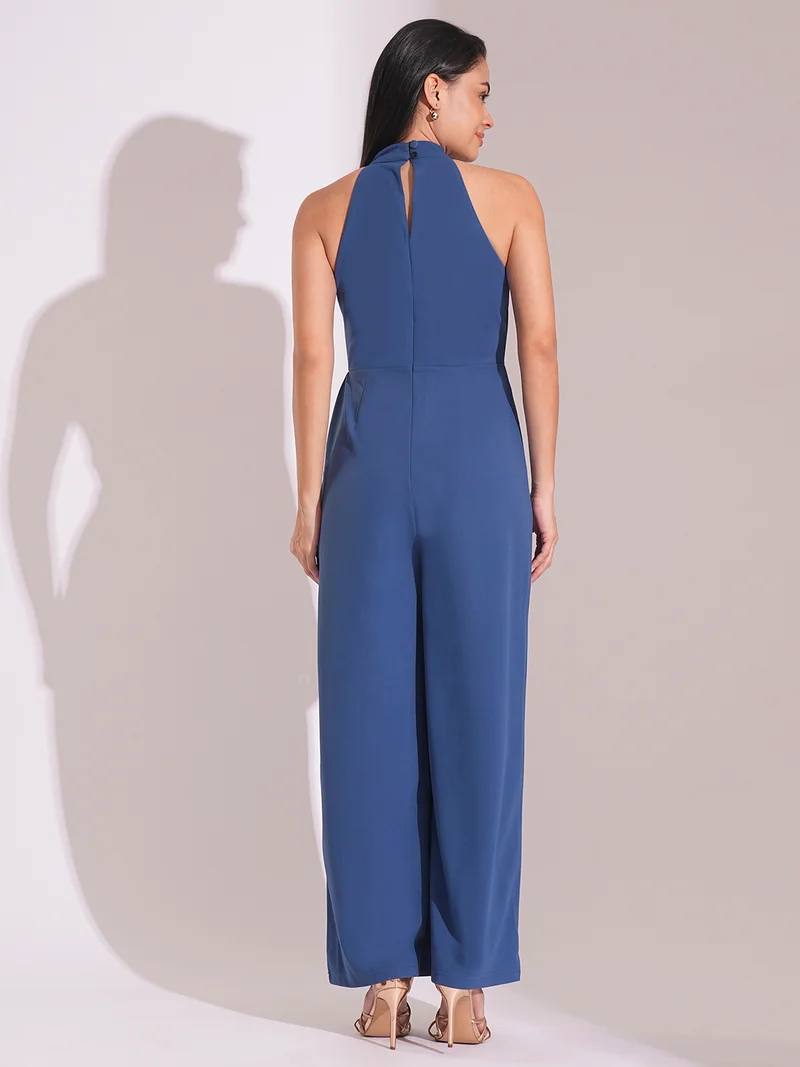 globus Women Twisted Pleated Detail Keyhole Halter Neck Wide Leg Workwear Jumpsuit