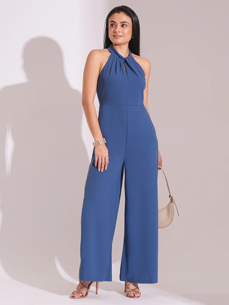 globus Women Twisted Pleated Detail Keyhole Halter Neck Wide Leg Workwear Jumpsuit