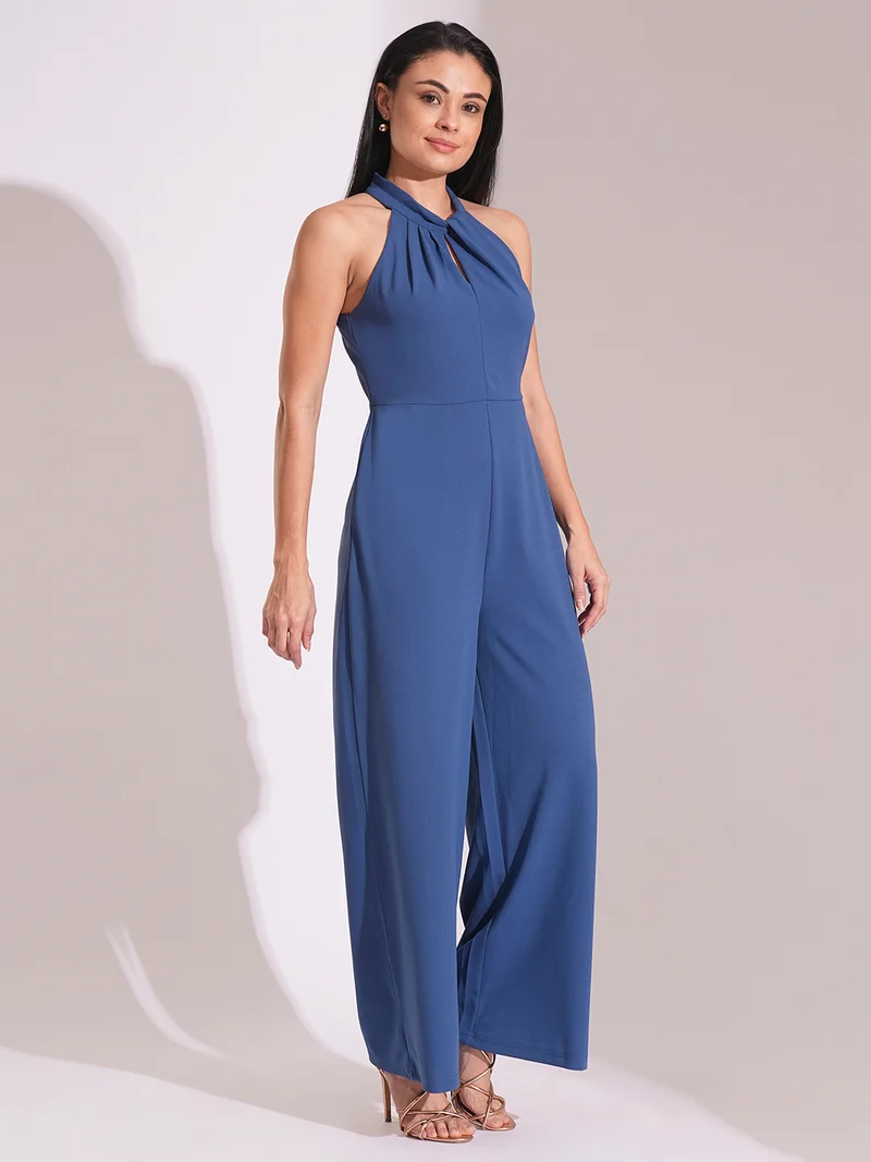 globus Women Twisted Pleated Detail Keyhole Halter Neck Wide Leg Workwear Jumpsuit
